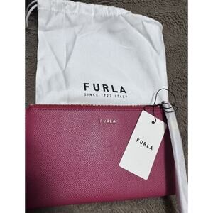 FURLA Dark Red Babylon Leather Clutch Wristlet Wallet, NEW